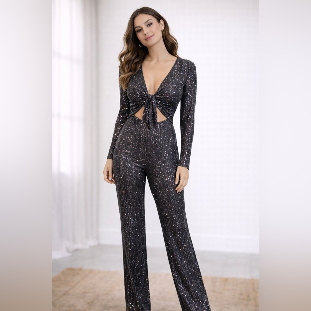 privy Black Sequin Jumpsuit with Twist Front size Small